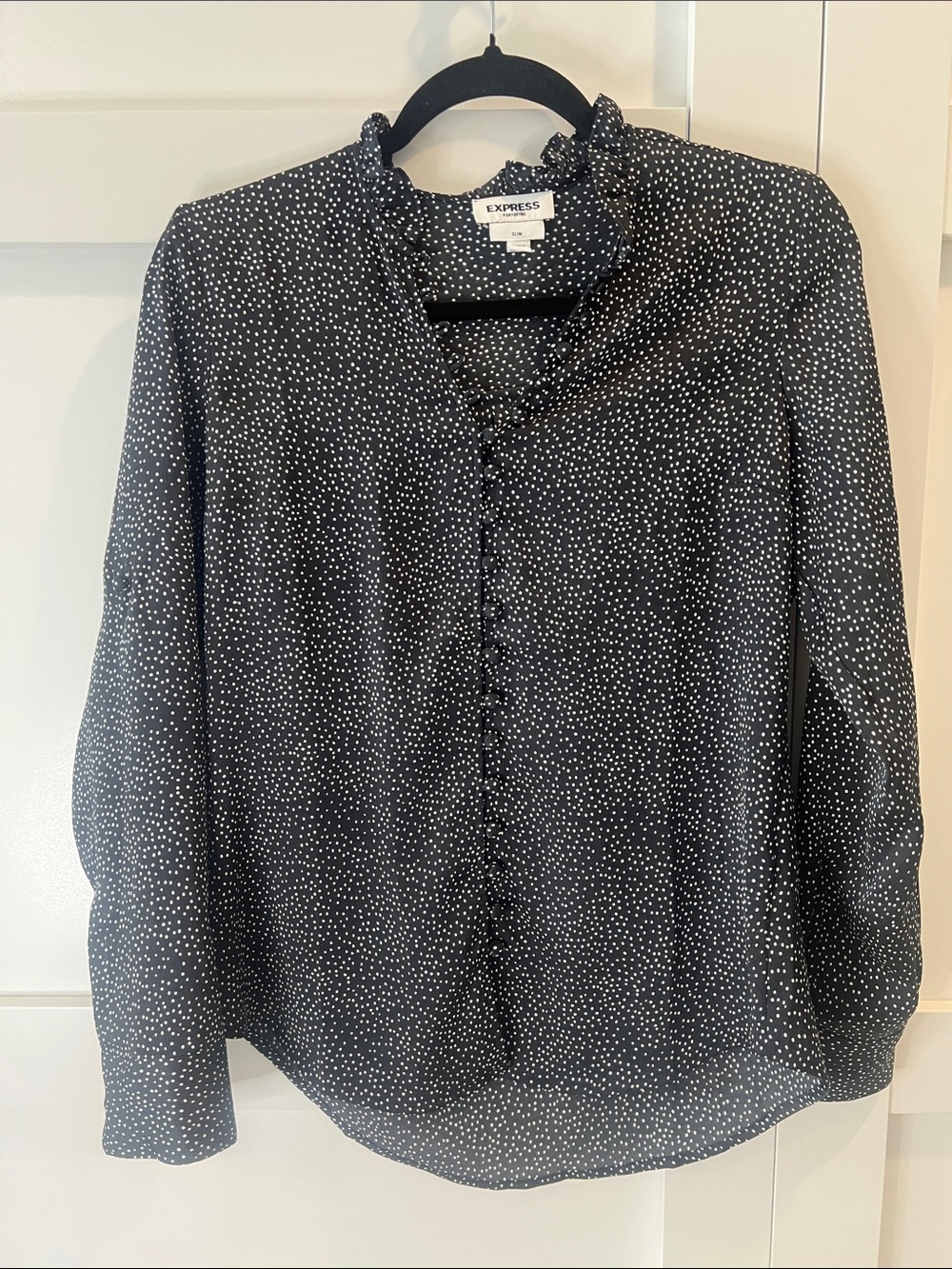 Express Black and White Dot Ruffle-Neck Button-Front Blouse